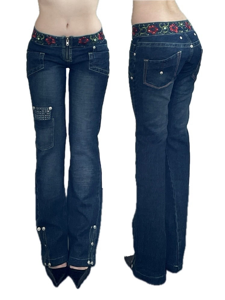 low rise embroidery straight fit y2k jeans