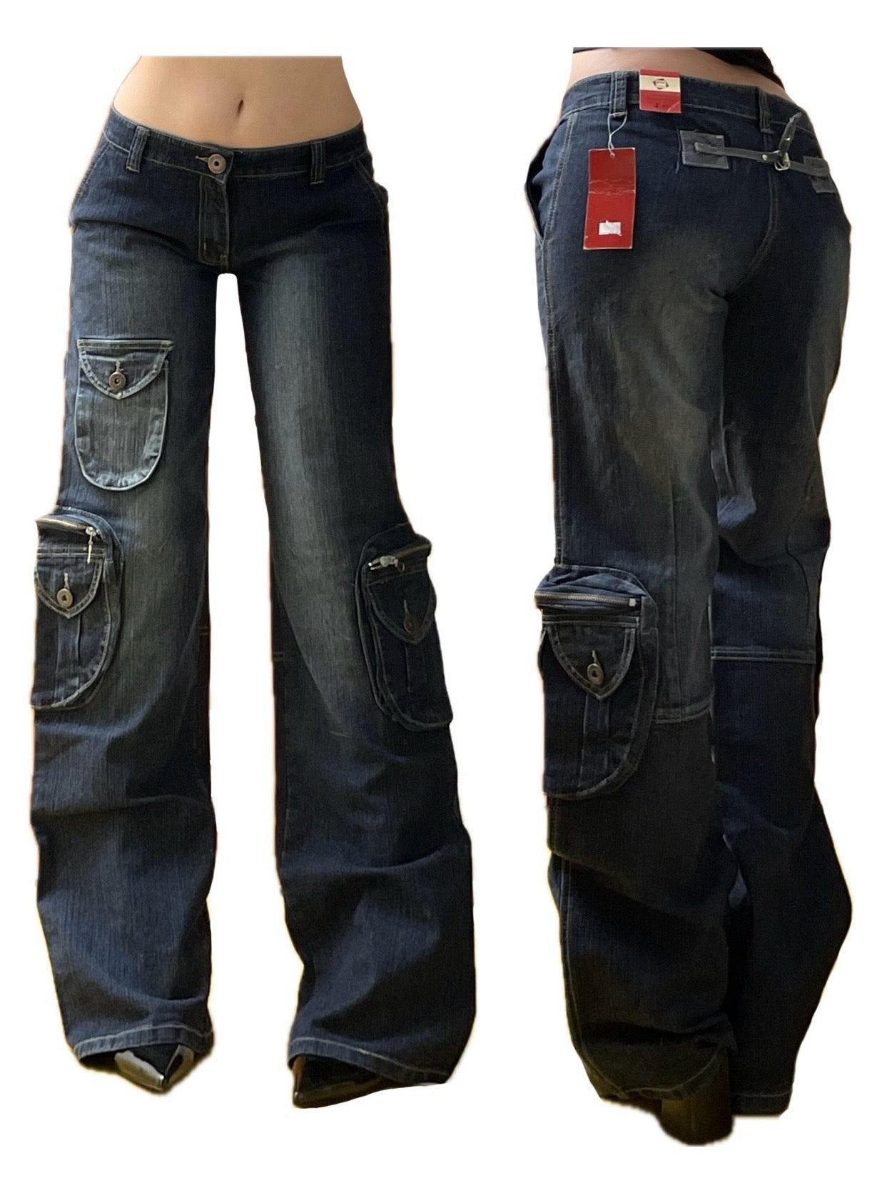 Jeans wide leg y2k embroidery cargo pocket belted back