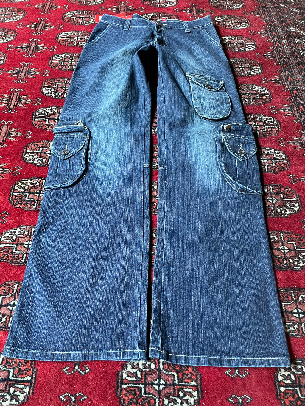 Jeans wide leg y2k embroidery cargo pocket belted back
