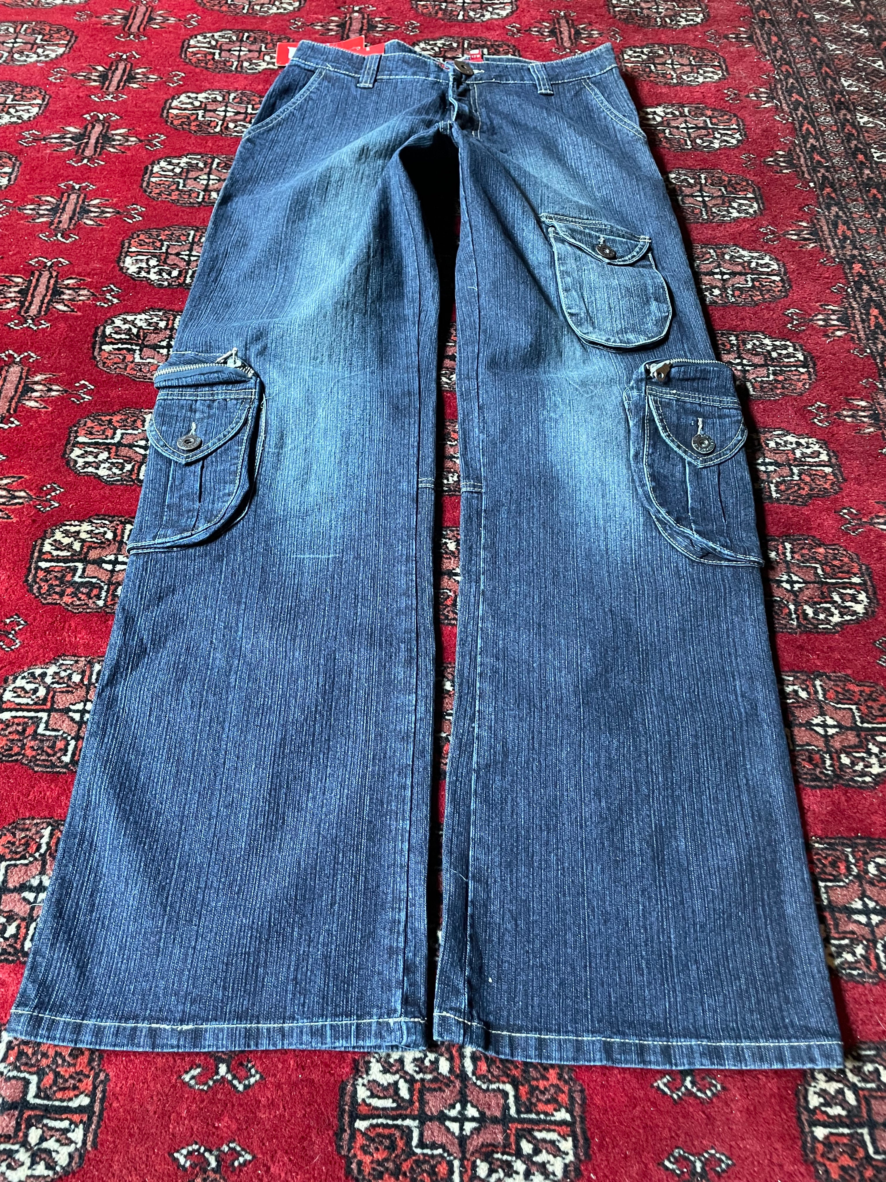 Jeans wide leg y2k embroidery cargo pocket belted back
