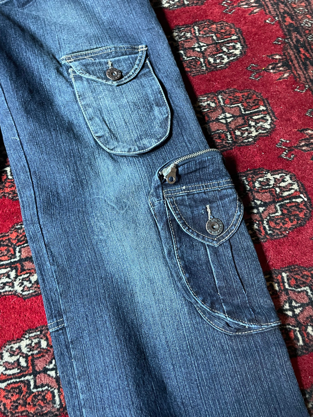 Jeans wide leg y2k embroidery cargo pocket belted back