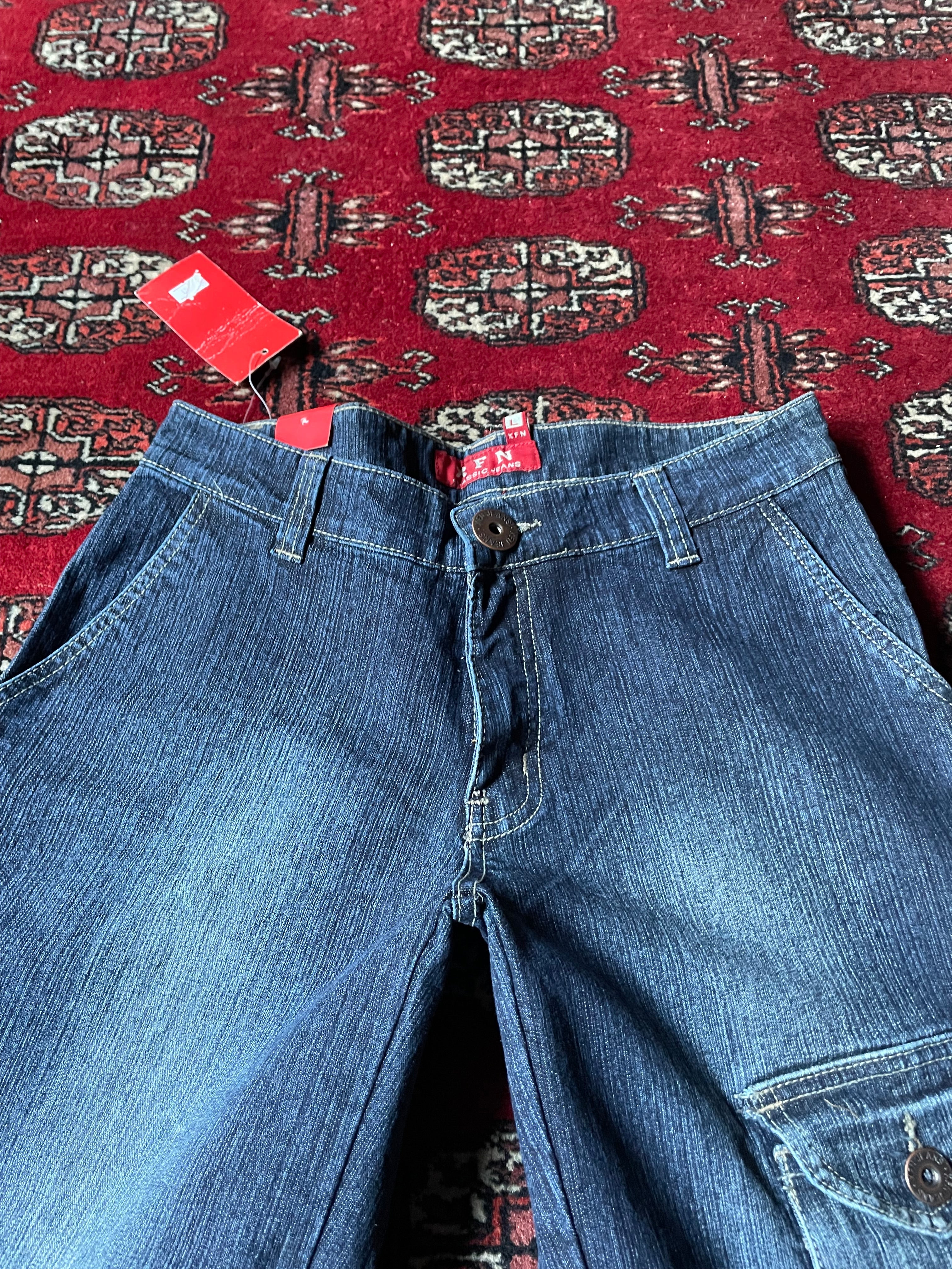 Jeans wide leg y2k embroidery cargo pocket belted back