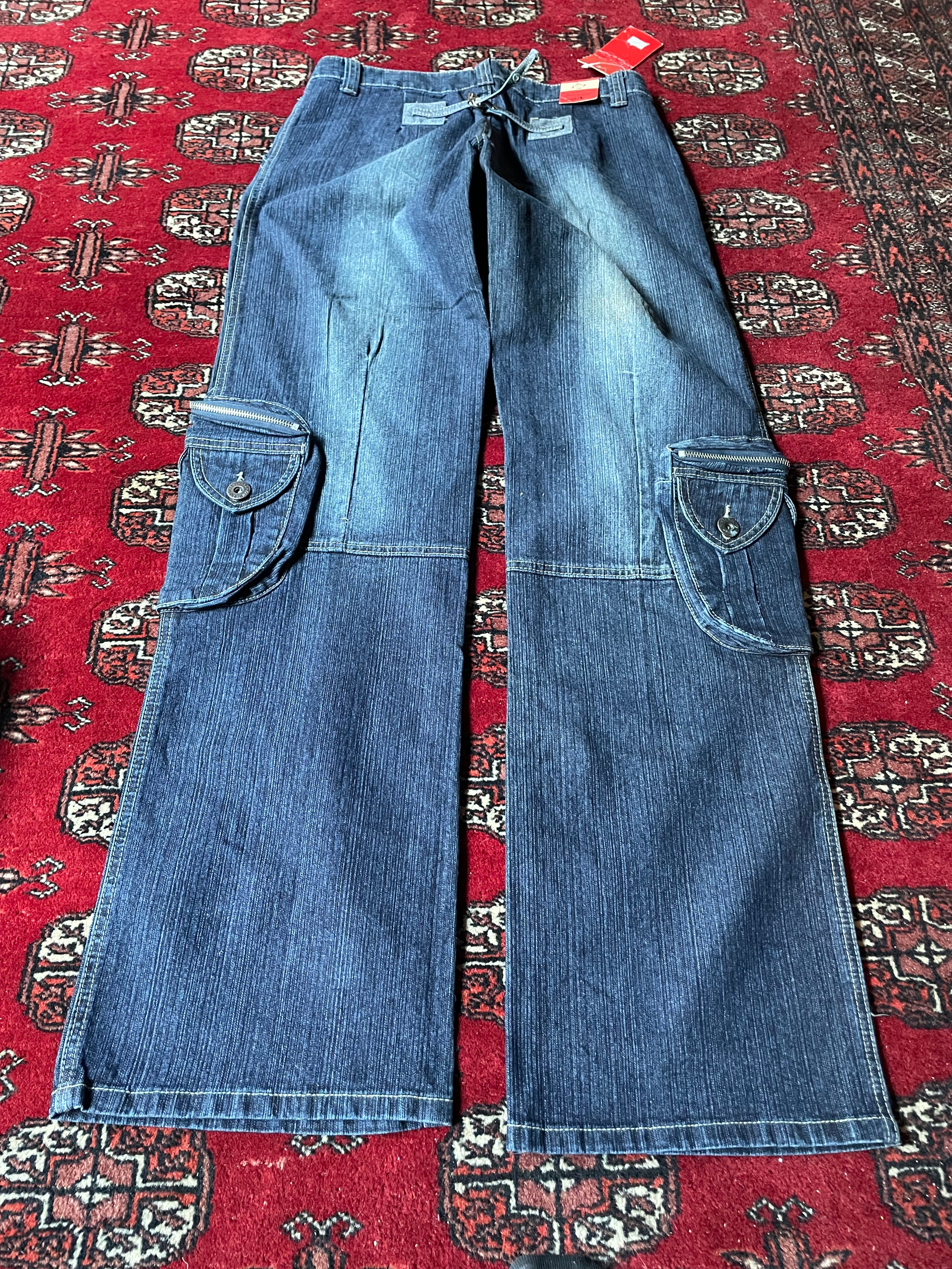 Jeans wide leg y2k embroidery cargo pocket belted back