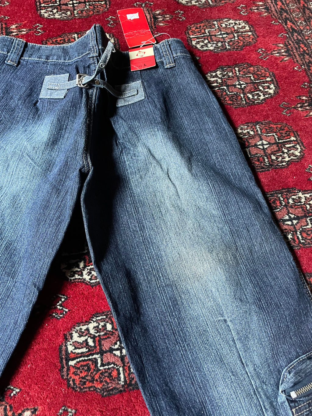 Jeans wide leg y2k embroidery cargo pocket belted back