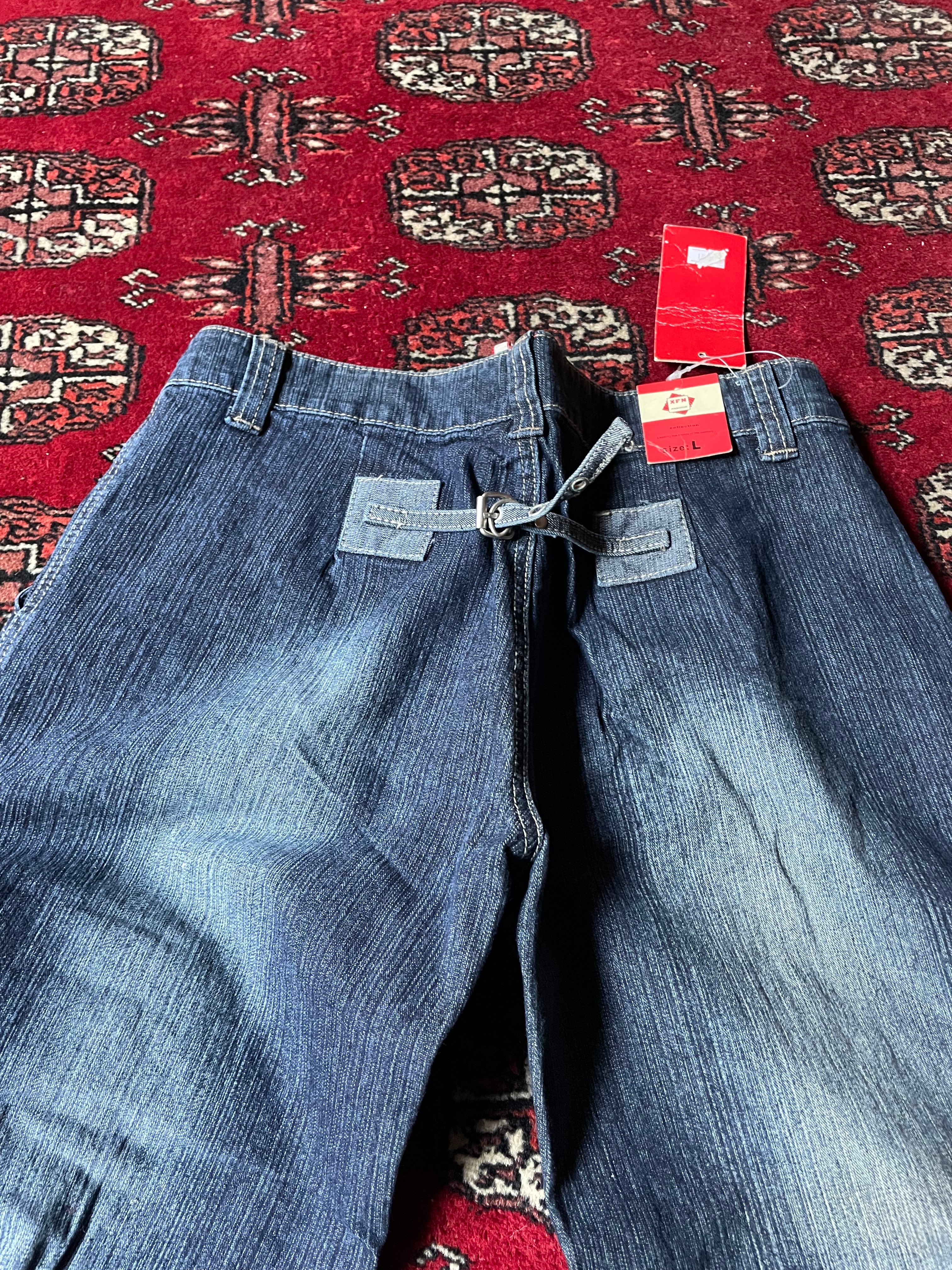 Jeans wide leg y2k embroidery cargo pocket belted back