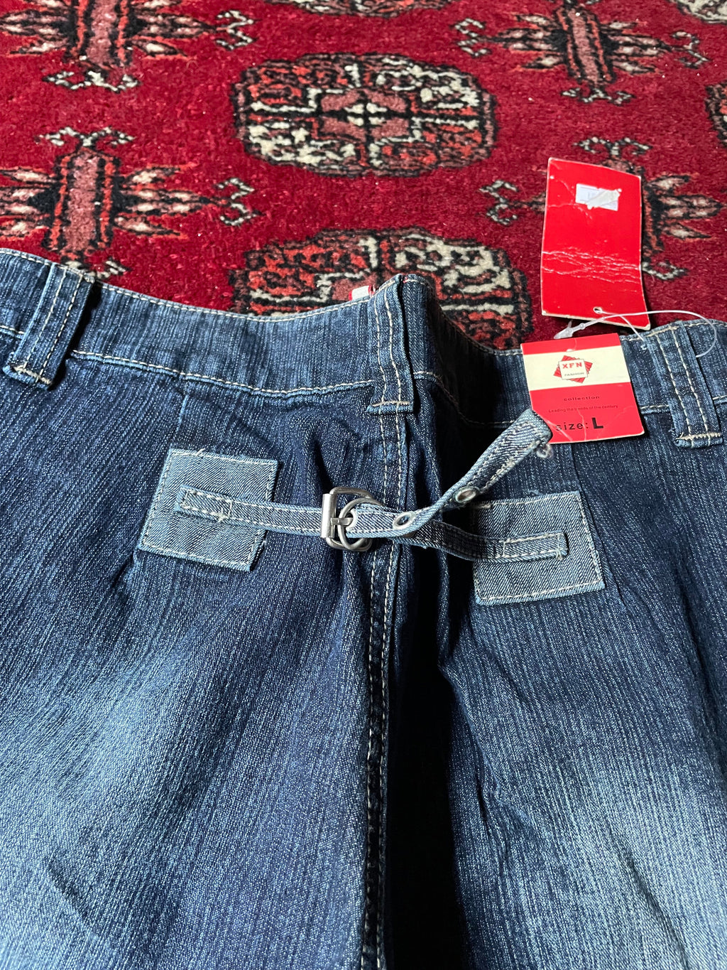 Jeans wide leg y2k embroidery cargo pocket belted back