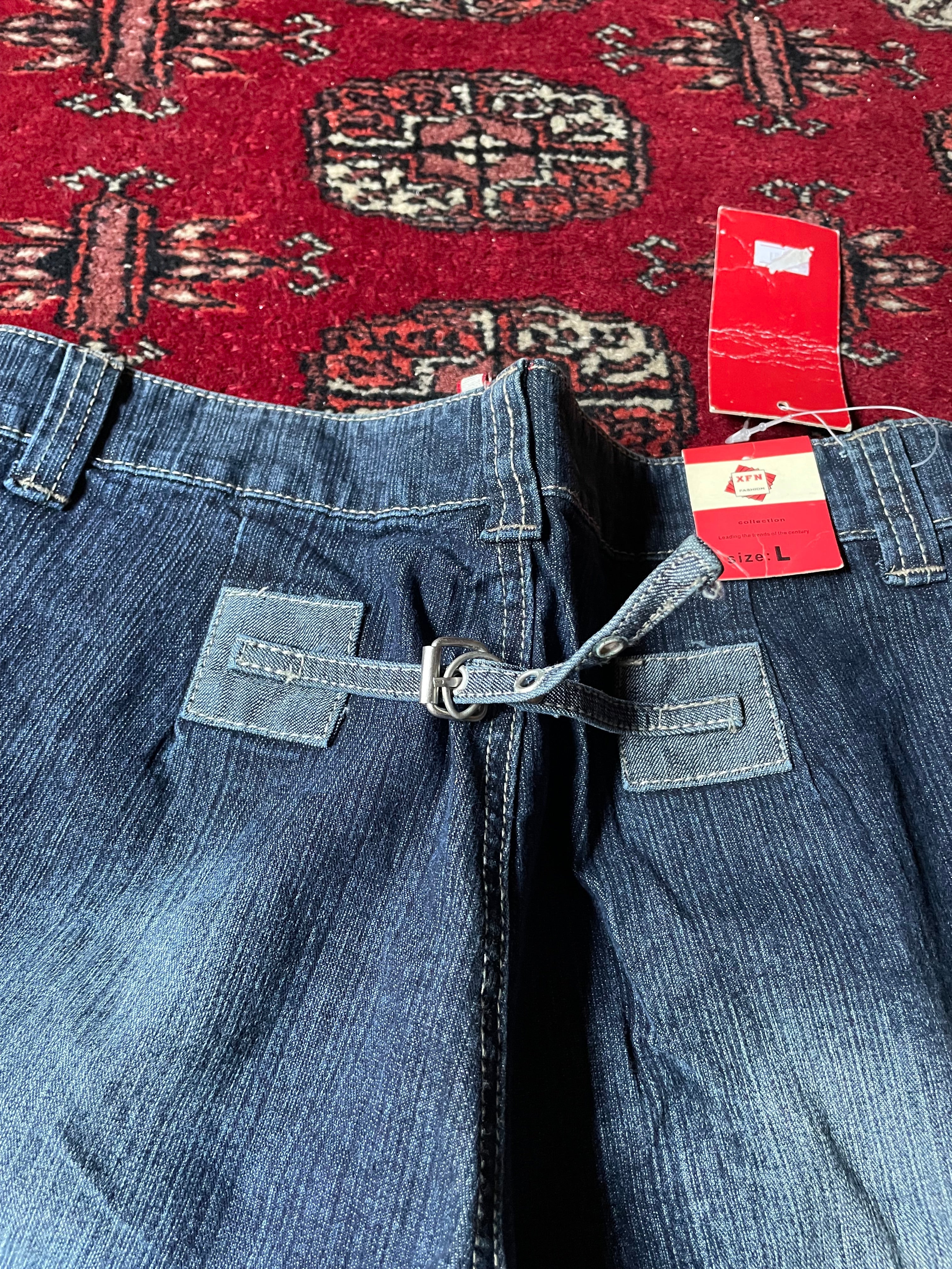 Jeans wide leg y2k embroidery cargo pocket belted back
